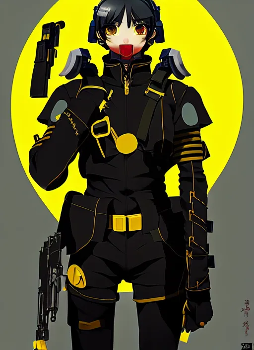 Prompt: anime portrait of a vicious helldiver scout soldier, black armor with yellow accents, full body illustration, head to toe, ilya kuvshinov, anime, pixiv top monthly, trending on artstation, cinematic, danbooru, zerochan art, kyoto animation