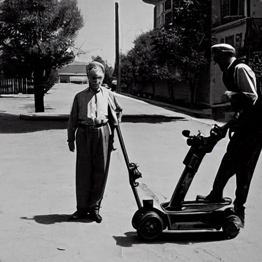 Prompt: photograph of an eldery gentleman towing an artillery cannon with a mobility scooter on a street