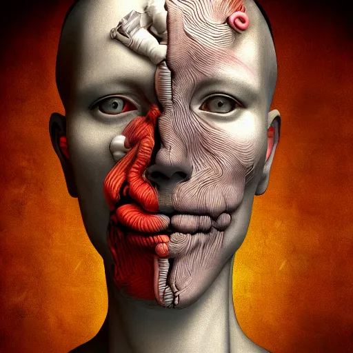 Image similar to 3 d render, portrait of human where all organs of human body goes out of the mouth, art nouveau, cyberpunk, grainy image