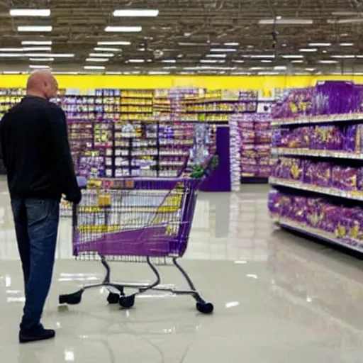 Image similar to thanos lookingg for his mom in a walmart, realistic, sharp focus