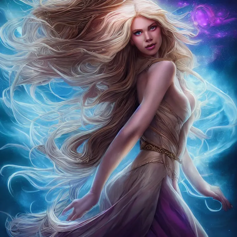 Image similar to beautiful cinematic fantasy poster a full body extreme long shot of a beautiful princess like a disney princess hybrid with flowing illuminated hair, beautiful glowing galaxy eyes, full subject in frame, wideshot ultrawide angle epic scale, hybrid from The Elden Ring and art direction by Darius Zawadzki ;by artgerm; wayne reynolds art station, coherent body and limbs; cinematic quality character render; low angle; ultra high quality model; production quality cinema model;