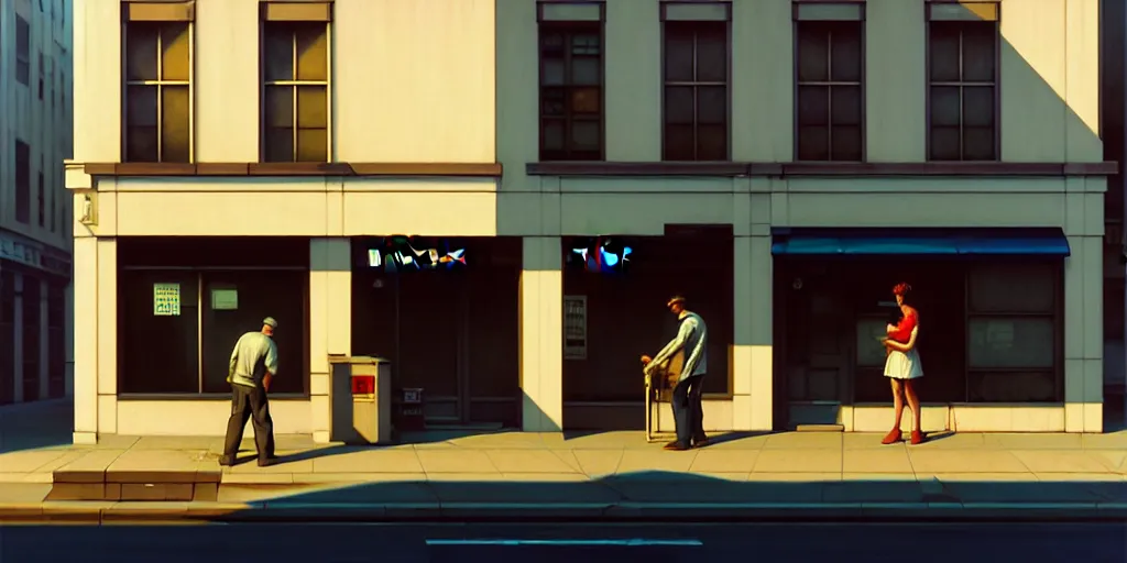 Image similar to empty residential building with owned by bank sign and homeless people outside on a street in a cardboard box on a curb in a modern big city by Craig Mullins, ilya kuvshinov, krenz cushart, artgerm trending on artstation by Edward Hopper and Dan Mumford and WLOP and Rutkovsky, Unreal Engine 5, Lumen, Nanite