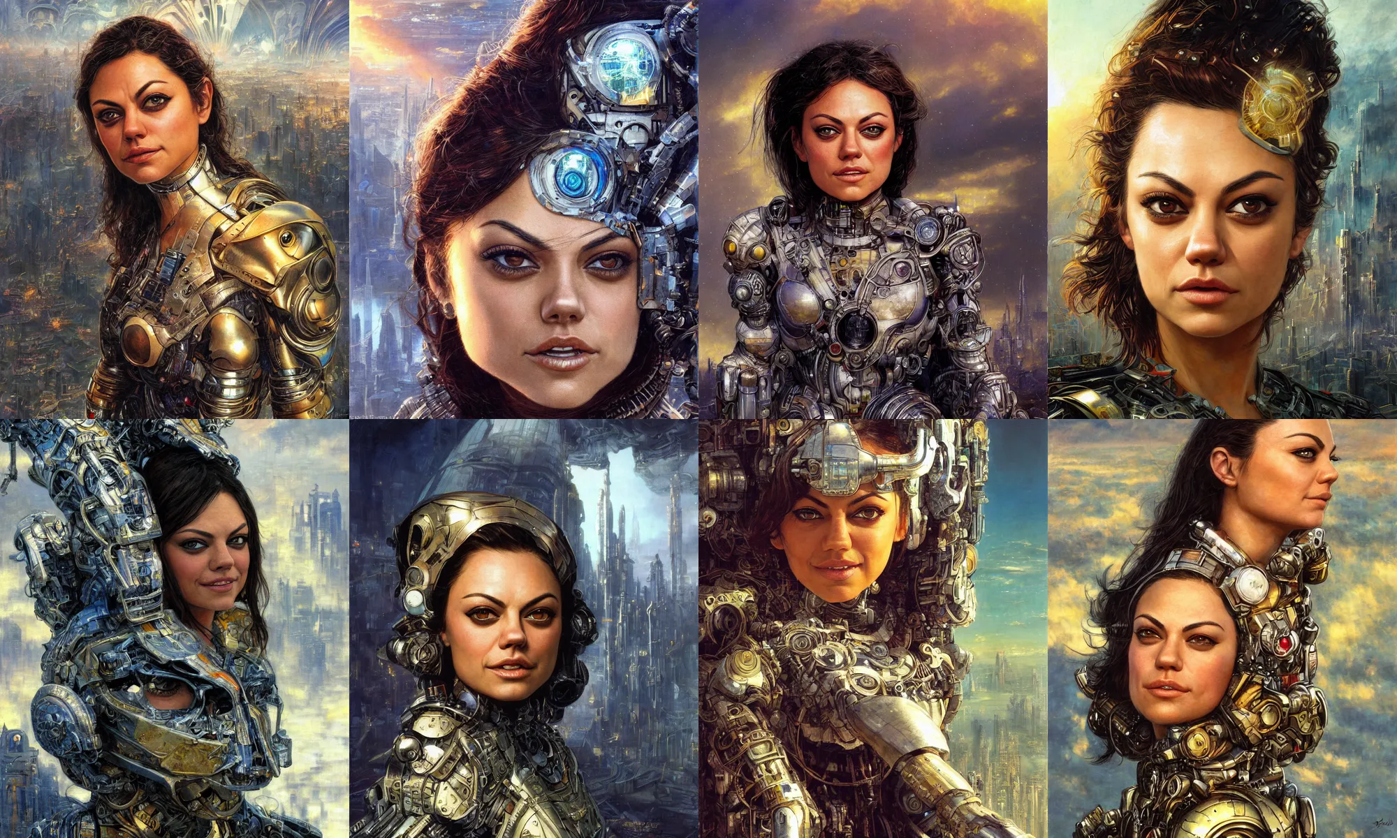 Image similar to close - up portrait of epic mila kunis smiling into camera, intricate cyborg armor, vista of futuristic city, windy, golden hour, wlop, by gerald brom, by mikhail vrubel, by peter elson, muted colors, extreme detail, trending on artstation