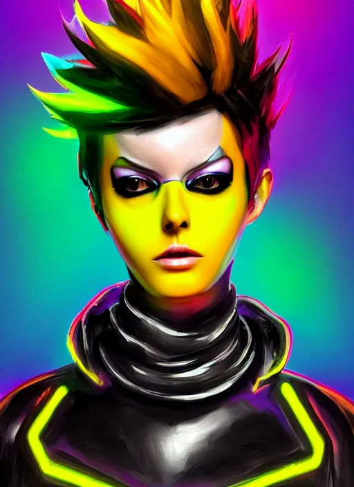 Prompt: full body abstract surreal weird digital drawing portrait of tracer overwatch, confident pose, full body, full body, wearing black jagged iridescent rainbow latex armor, rainbow, neon, 4 k, expressive surprised expression, makeup, wearing large rainbow neon choker, studio lighting, black latex, expressive detailed face and eyes,