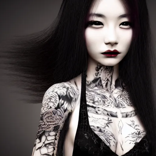 Image similar to japanese gothic model with maximalist hair style and kanji tattoos, dark colors, fashion model, portrait shot, depth of field, 8 k, hyper detailed, intricate, trending on artstation