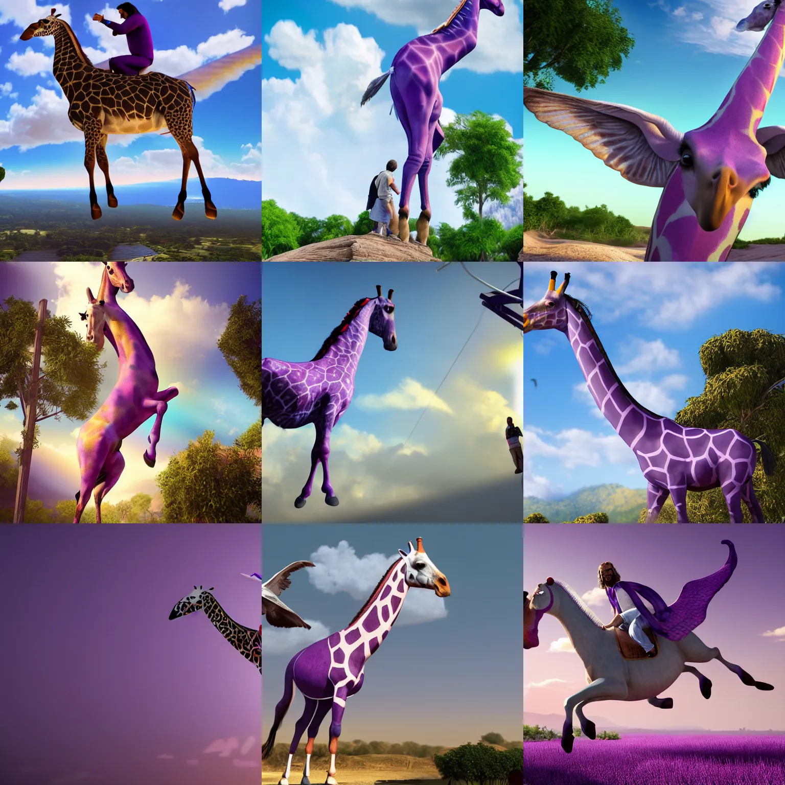 Prompt: Jesus riding on a flying purple giraffe hyper realistic, 8k, detailed, photorealistic, raytracing