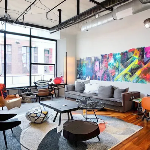 Image similar to trendy downtown loft with modern murals on the wall, modern art and patterns, interior design, beautiful architecture