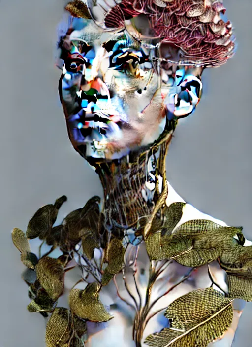 Image similar to complex 3d render ultra detailed of a beautiful porcelain profile woman face, mechanical vegetal cyborg, 150 mm, beautiful natural soft light, rim light, silver gold details, magnolia big leaves and stems, roots, fine foliage lace, mesh wire, Alexander Mcqueen haute couture, lady Gaga style, intricate details, hyperrealistic, mandelbrot fractal, anatomical, red lips, silver metal armor, facial muscles, cable wires, microchip, elegant, white background, octane render, H.R. Giger style, 8k