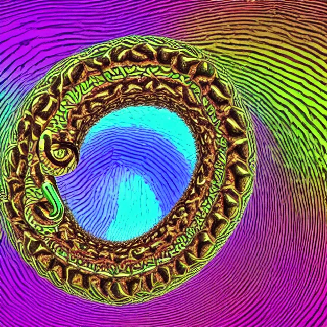 Prompt: serpentine ouroboros devouring itself onto infinity fractal dimensions symmetrical, chromatic aberration polychromatic color scheme