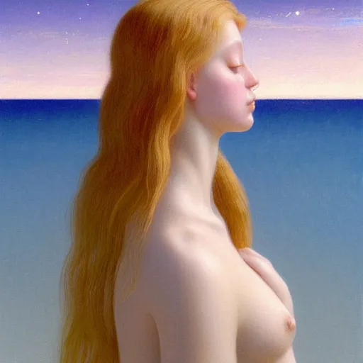 Prompt: a ultradetailed beautiful painting of a young german australian woman at a beach by hsiao ron cheng, ngai victo, nivanh chanthara jean delville wlop and dougherty patrick, trending onv artstation, light sparkles, major arcana sky, sharp focus, soft light