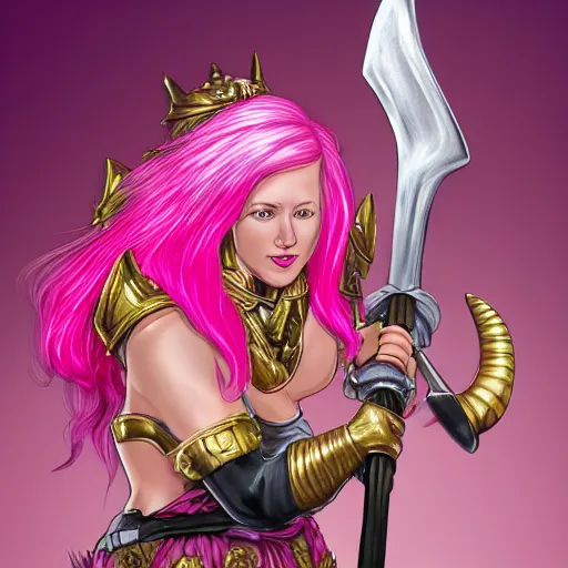 Prompt: pink haired female goddess with a giant metallic battle axe stepping on a small pink pink cat