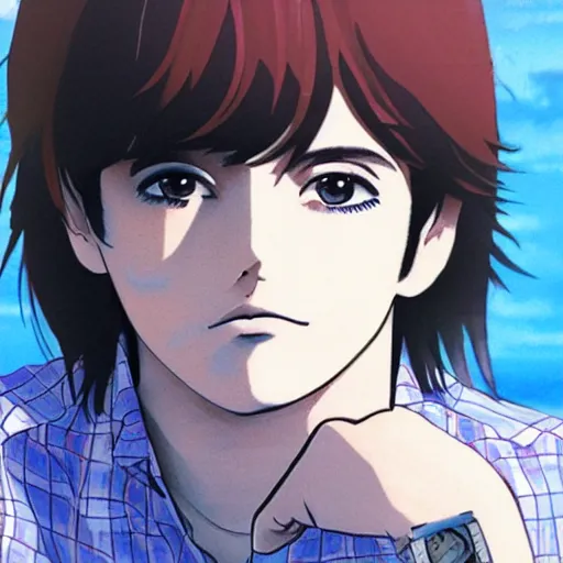 Image similar to s beautiful anime illustration of young Paul McCartney from the Beatles, wearing a blue and white check shirt and watch, relaxing on a yacht at sea, ufotable