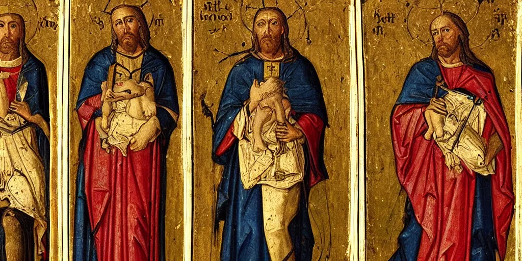 Image similar to ??? portrayed as our lord and saviour, medieval triptych