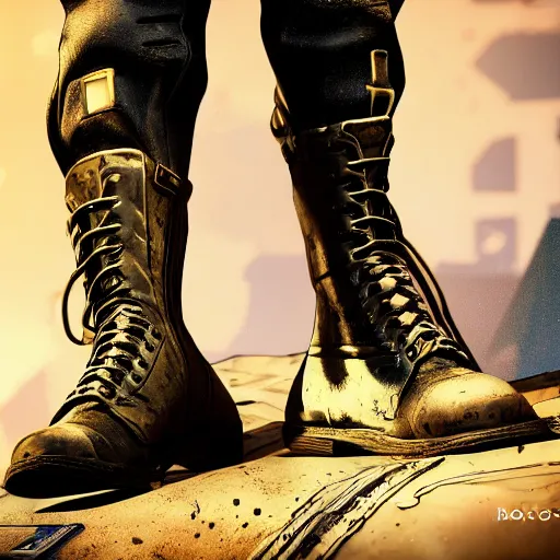 Prompt: a studio shot of mechanic boots made in heaven in the borderlands 3 style, close - up, cinematic shot, intricate, ornate, photorealistic, ultra detailed, realistic, 1 0 0 mm, photography, octane, high definition, depth of field, bokeh, 8 k, behance, artstation
