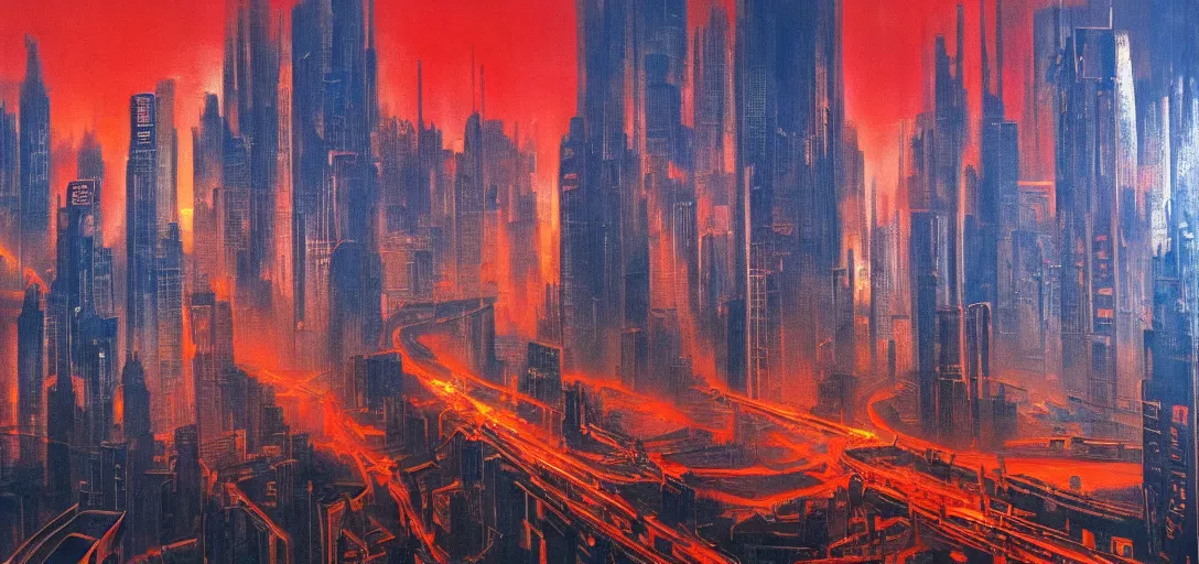 Prompt: metropolis!!, dystopian, smog, red and blue ( ( light ) ), very detailed picture, oriental oil painting