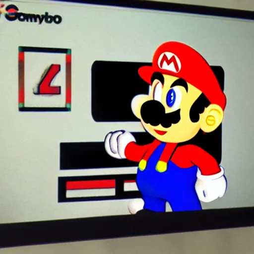 Prompt: super Mario sitting in front of a computer screen with a skull and bones, 90s tv ad