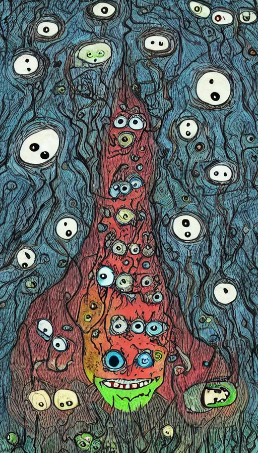 Image similar to a storm vortex made of many demonic eyes and teeth over a forest, by allie brosh