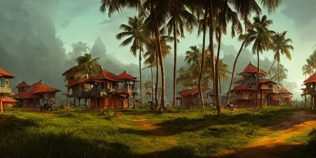 Image similar to establishing shot of a kerala village, architectures by zaha hadid, an epic fantasy, dramatic lighting, cinematic, extremely high detail, photorealistic, cinematic lighting, matte painting, artstation, by simon stalenhag, horizon forbidden west