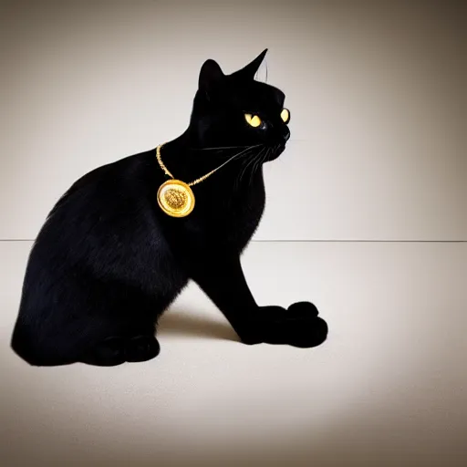 Image similar to Magestic Black cat wearing gold Jewlery, award winning photo, dramatic lighting