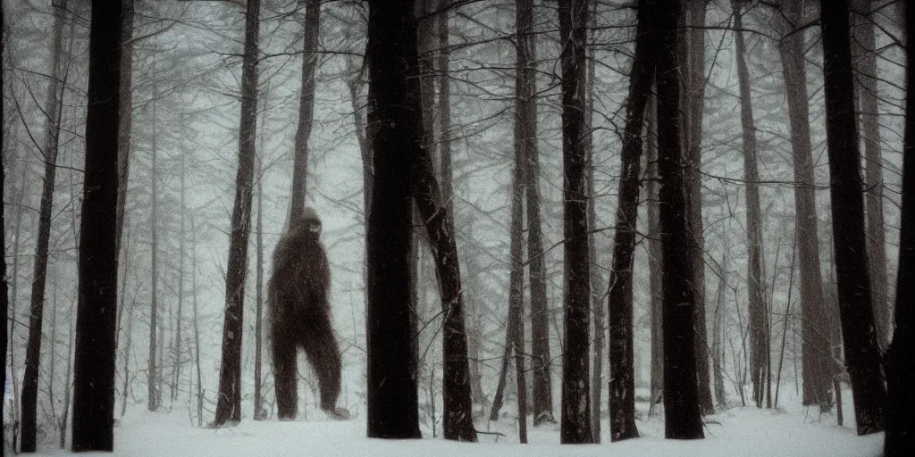 Image similar to photo, bigfoot faintly appears in the distance, barely able to be seen. cold color temperature, snow storm. hazy atmosphere. humidity haze. kodak ektachrome, greenish expired film, award winning, low contrast