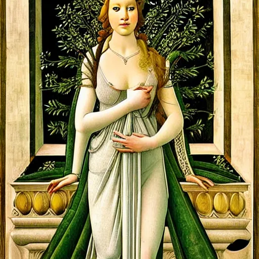 Image similar to jennifer lawrence as the goddess of spring, elegant portrait by sandro botticelli, detailed, symmetrical, intricate