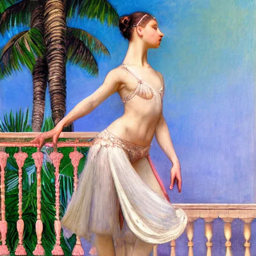 Image similar to a ultradetailed beautiful painting of a ballerina in the amazonas palace balustrade designed by jules bastien - lepage, hans belmer, frank weston and gustave baumann, beach, trending on artstation, mediterranean, palm trees, refracted color sparkles, sharp focus, soft light, 8 k 4 k