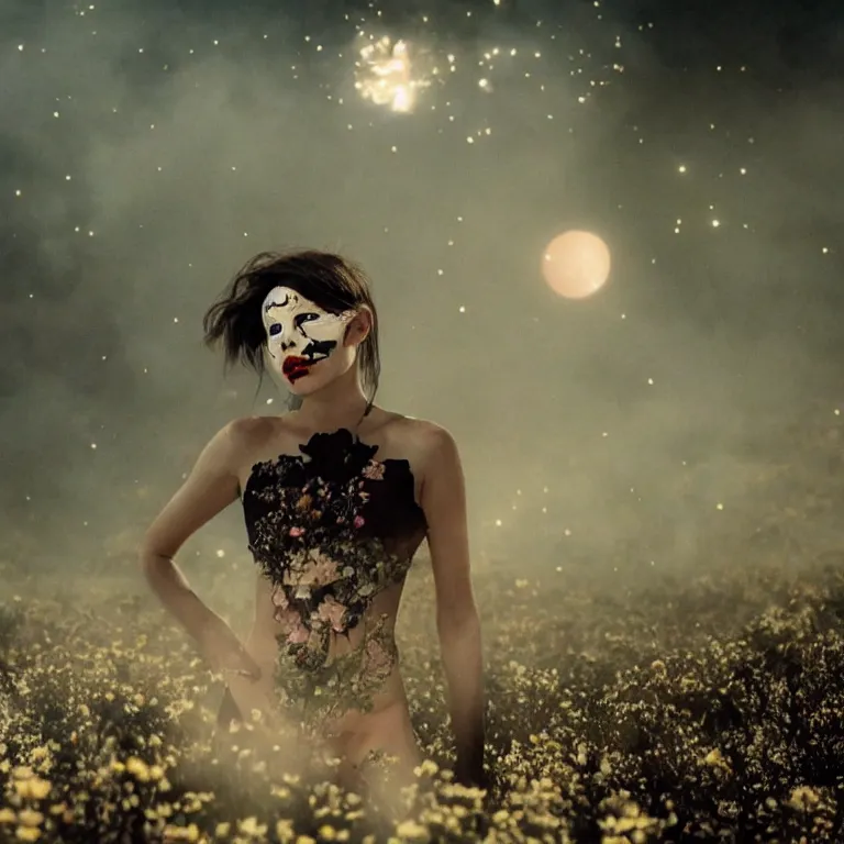 Image similar to The full body shot of beautiful pale woman with many flowers on her skin and full-face black mask with glowing halo, a thick black smoke in rocky desert landscape, glowing eyes, falling star on the background, burning earth by Christopher Doyle, Gaspar Noe, Alejandro Jodorowsky, anamorphic lens, cinematic composition, award winning photo, 8k