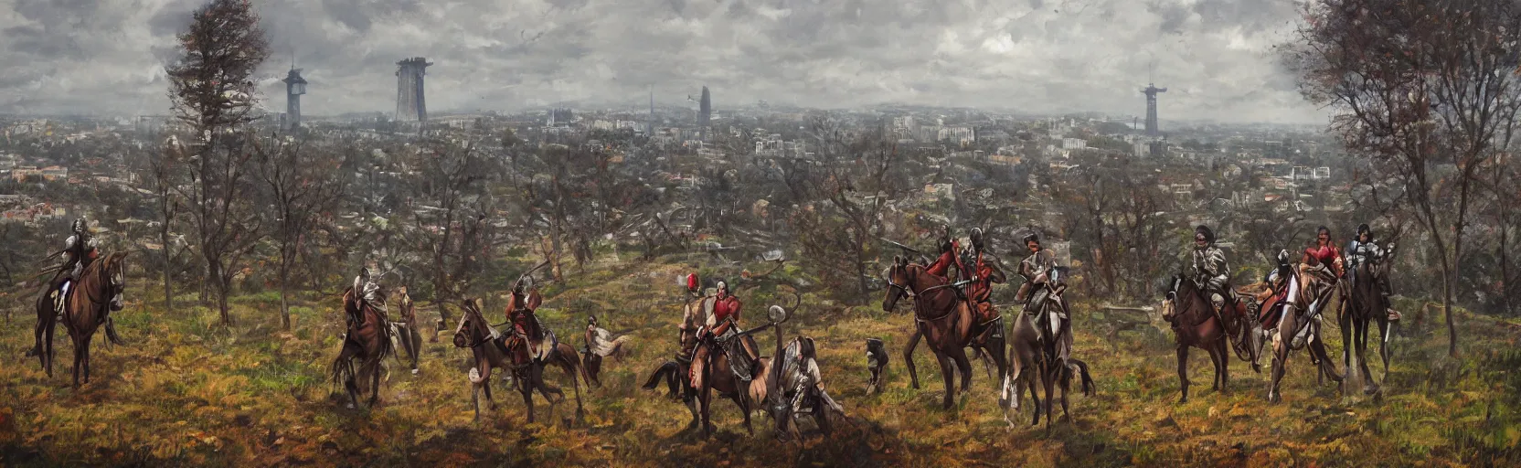 Prompt: horseback knights at scenic overlook; cloudy, grey skies, walled fortress city deteriorating office buildings in background hill; forest; la Bastille, post apocalyptic, grungy; oil on canvas, artstation, colorful