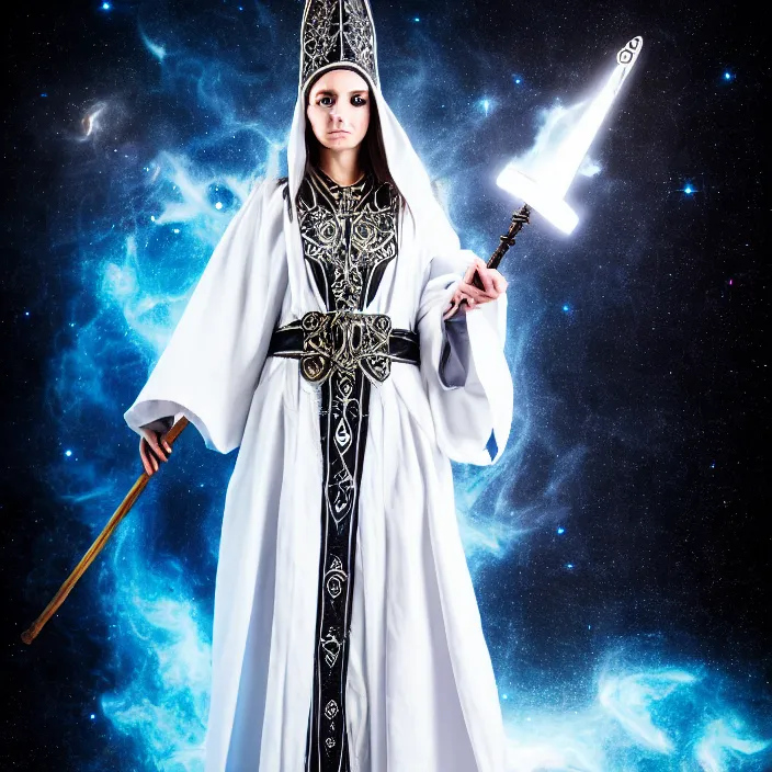 Prompt: professional photograph of a real - life beautiful elemental space witch with ornate white and black robes and staff. extremely detailed. 8 k