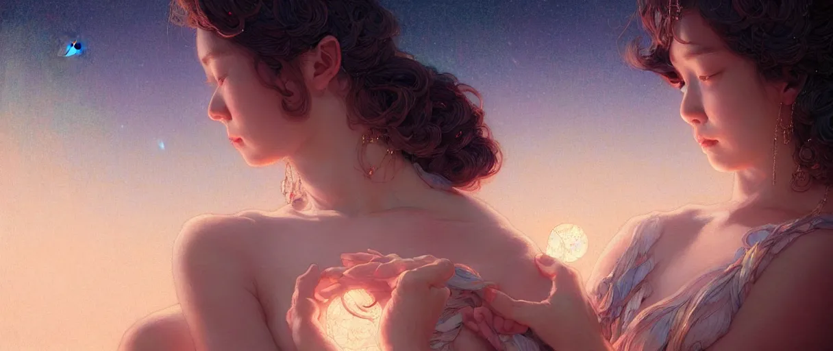 Prompt: hyperrealistic portrait of a stunning goddess staring meaningfully at the moon, by wlop, james jean, victo ngai muted colors, very detailed, art fantasy by craig mullins, thomas kinkade cfg _ scale 8