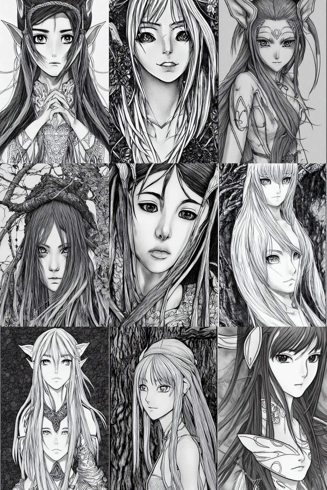 Prompt: alluring highly detailed manga line art portrait of a (female) Wood Elf