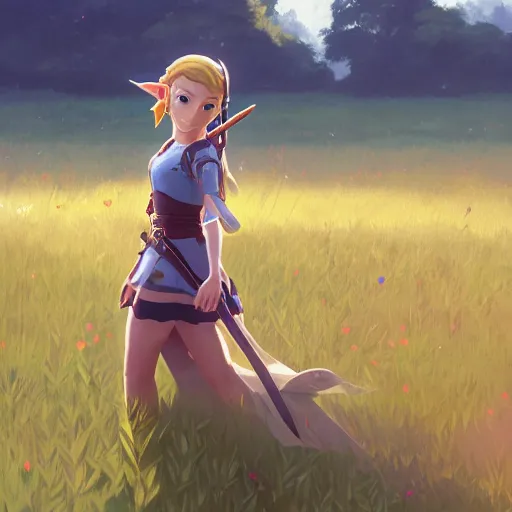 Prompt: zelda in a field. cgsociety masterpiece, artstation trending, by rossdraws, ghibli, kimi no na wa, greg rutkowski, simon stalberg, greg manchess