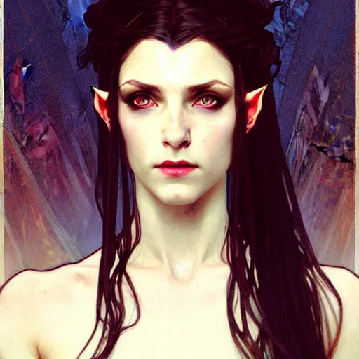 Image similar to Portrait of a pretty half-elf half-vampire young woman. Her hair has black strands and white strands. Her eyes have red irises and vertical pupils. Art by Greg Rutkowski and Alphonse Mucha