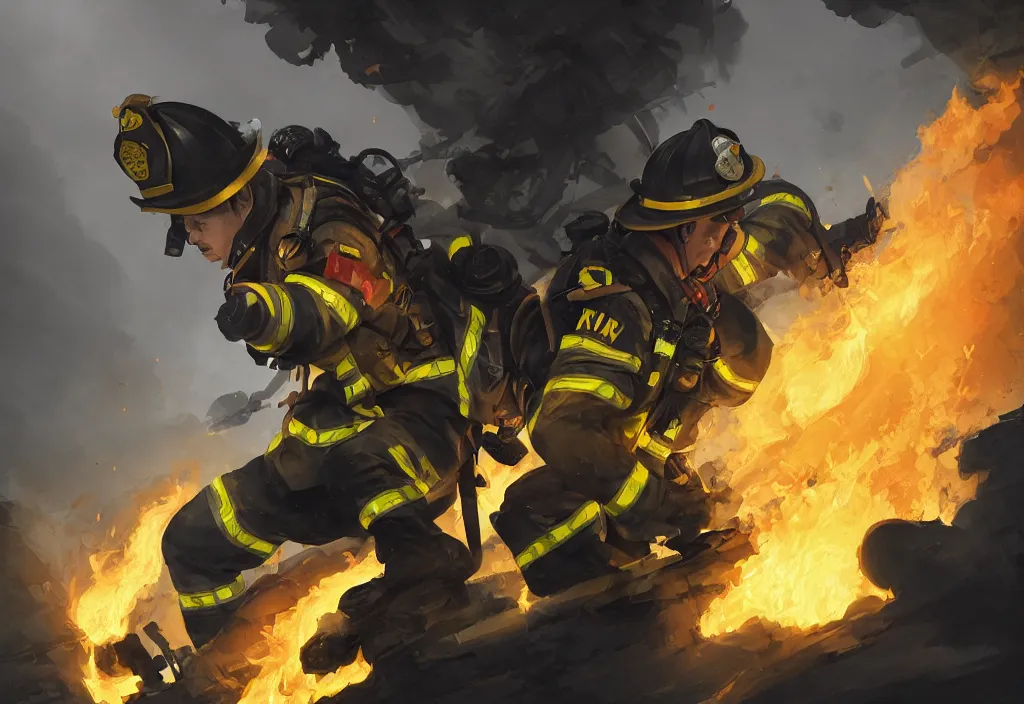 Image similar to heroic firefighter in action in black and yellow uniform, fire flames, sharp details, sharp focus, elegant, highly detailed, illustration, by jordan grimmer and greg rutkowski and pine ( ハイネ ) and 薯 子 imoko and 香 川 悠 作 and wlop and maya takamura, intricate