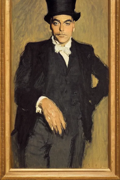 Prompt: portrait of george clooney as a gentleman wearing an edwardian suit and red top hat by walter sickert, john singer sargent, and william open