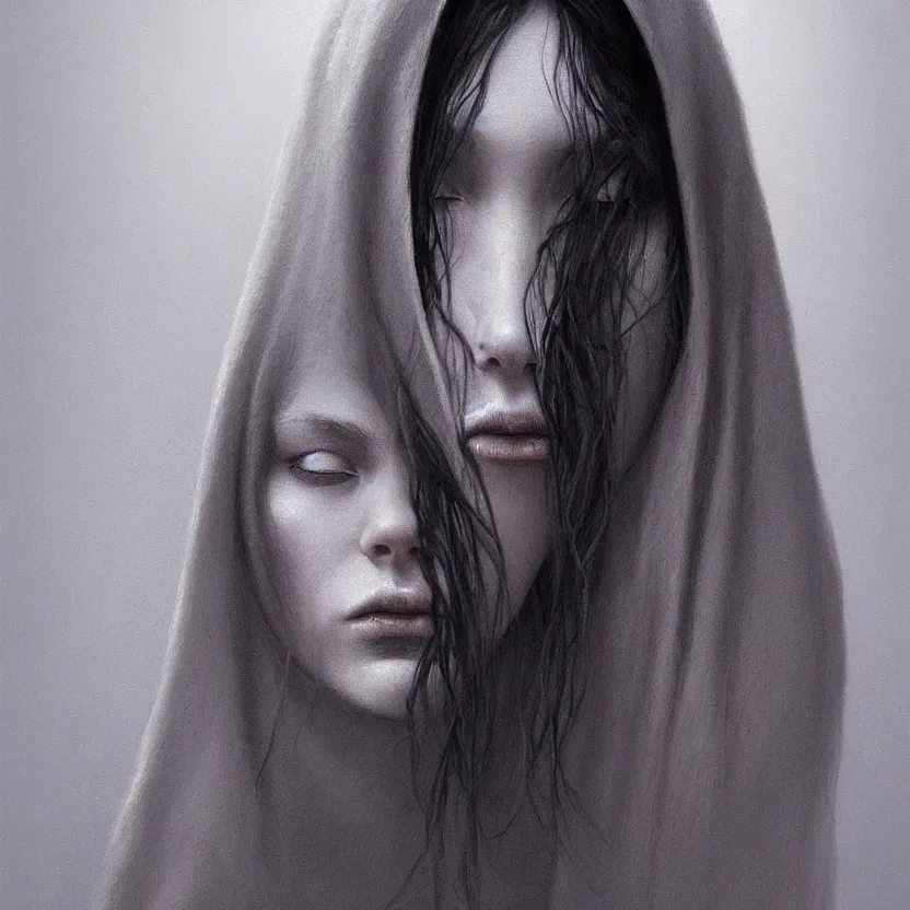 Image similar to Portrait of a young woman with dark hair wearing a hooded robe, non-centered shot, unique, intricate, elegant, highly detailed, digital painting, artstation, concept art, smooth, sharp focus, illustration and art by beksinski