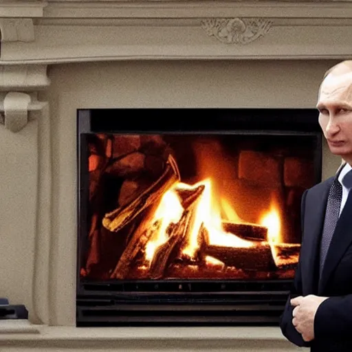 Image similar to vladimir putin in a waistcoat staring at a log fire photograph symmetric