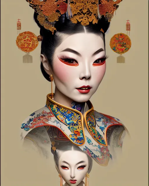 Image similar to portrait of isabelledeltore, machine face, upper half portrait, decorated with chinese opera motifs, asian, fine china, traditional chinese art, intricate, elegant, highly detailed, symmetry, headpiece, digital painting, artstation, concept art, smooth, sharp focus, illustration, art by artgerm and greg rutkowski and alphonse mucha, 8 k