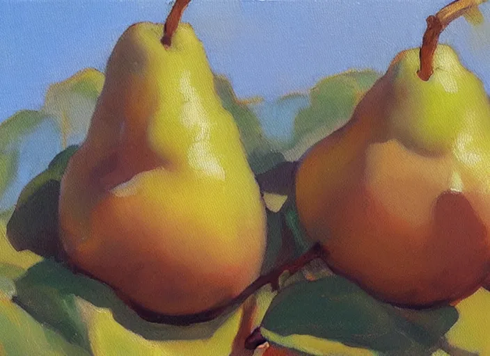 Image similar to oil painting of translucent pears on tree by greg manchess