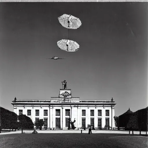 Image similar to photograph 1940’s Berlin chancellery with space ship flying overhead