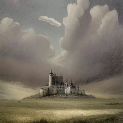 Image similar to A beautiful drawing of a castle in the clouds. rose quartz by Andrea Kowch, by Charles-Francois Daubigny daring