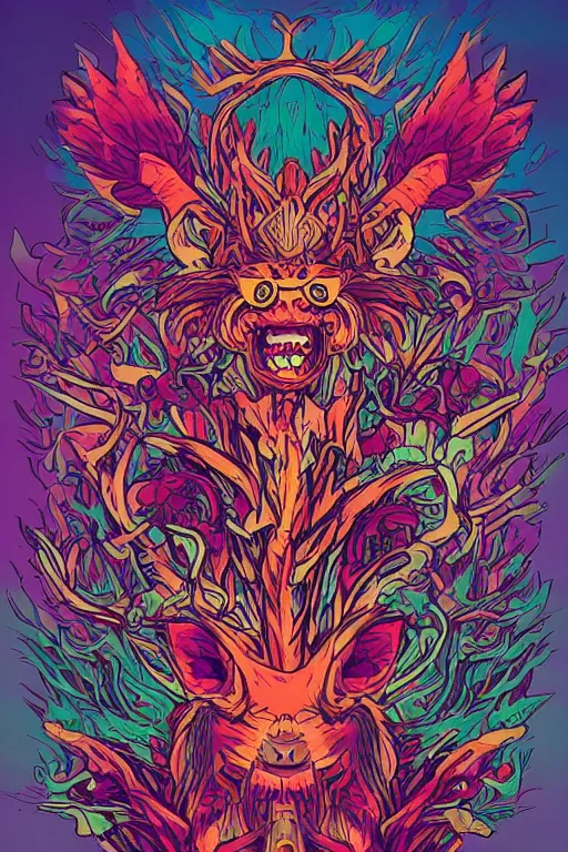 Image similar to animal mask totem roots tribal feather gemstone plant wood rock shaman vodoo video game vector illustration vivid multicolor borderlands comics by josan gonzales and dan mumford radiating a glowing aura