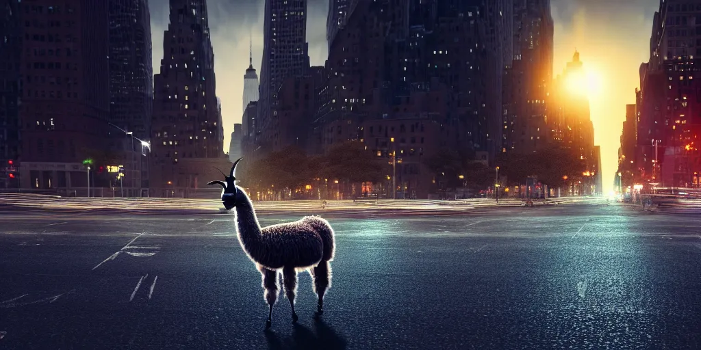 Image similar to a llama walking through a desolate manhattan city street at night, statue of liberty seen in the background, realistic 4 k octane beautifully detailed render, 4 k post - processing, highly detailed, detailed face, intricate complexity, epic composition, magical atmosphere, cinematic lighting, masterpiece, color picture, ultra hd