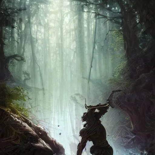 Prompt: epic fantasy portrait of a earth and nature god with brown hair and a husky beard holding a dark metal sword in the deep forest as he looks at us, oil painting by Greg Rutkowski and Charlie Bowater and Artgerm, unreal 5, DAZ, epic RPG Portrait, trending on artstation, dynamic lighting, late afternoon lighting, forest, green theme, afternoon light