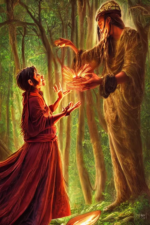 Image similar to aztec sorcerer casting a powerful spell in a dark forest, by lilia alvarado, lilia alvarado art, digital painting, digital art,