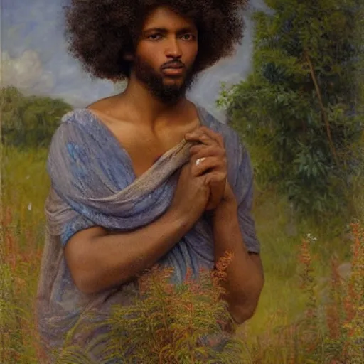 Image similar to east african man with curly hair, full body, fedosenko roman, j. w. godward, jose miguel roman frances, intricate details, countryside, dreamy, impressionist, figurative