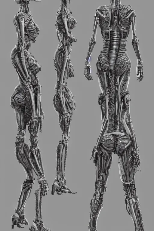 Image similar to cyborg lady with gunmetal grey skin, medical anatomy, very symmetrical face, highly detailed, mecha, three - perspective / three - view reference sheet ( front / back / side ), in the style of james gurney, dan ouellette, hr giger, sil from species, dren from splice, biomechanical, artstation, unreal engine