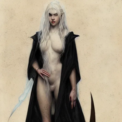 Prompt: portrait of a gorgeous young scottish vampire woman with platinum blonde hair wearing tattered black robes, HD, D&D 4k, 8k, incredibly detailed, intricate, masterpiece, digital illustration by greg rutkowski and tom bagshaw, trending on artstation, character design, concept art