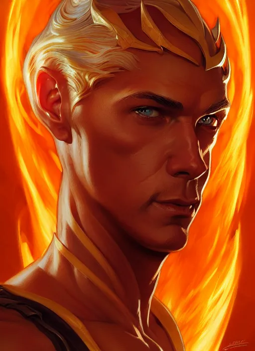 Image similar to Portrait of The Human Torch, D&D, muscular, fantasy, intricate, elegant, highly detailed, digital painting, artstation, concept art, smooth, sharp focus, illustration, art by artgerm and greg rutkowski and alphonse mucha