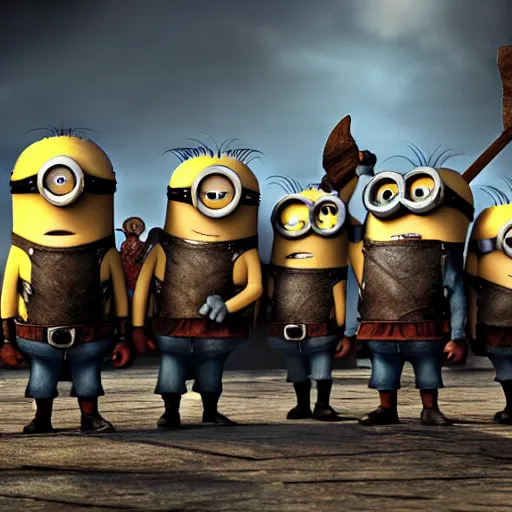 Image similar to The minions in The Vikings Digital art very detailed 4K quality Super Realistic